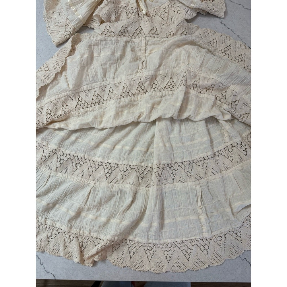 Vtg 70s Mexican Wedding Dress Off Shoulder Gauze Lace Tiered Peasant Boho XS SM - Picture 7 of 11